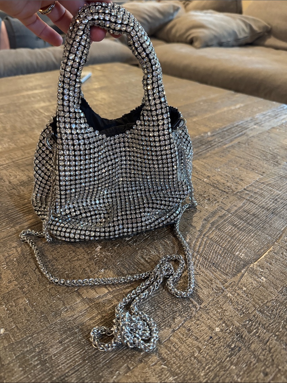 Silver Crystal Rhinestone Evening Bag with Chain Strap